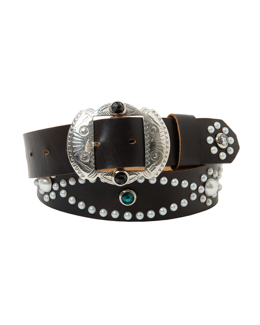 PEARL STUDS GEM LEATHER BELT -35mm-