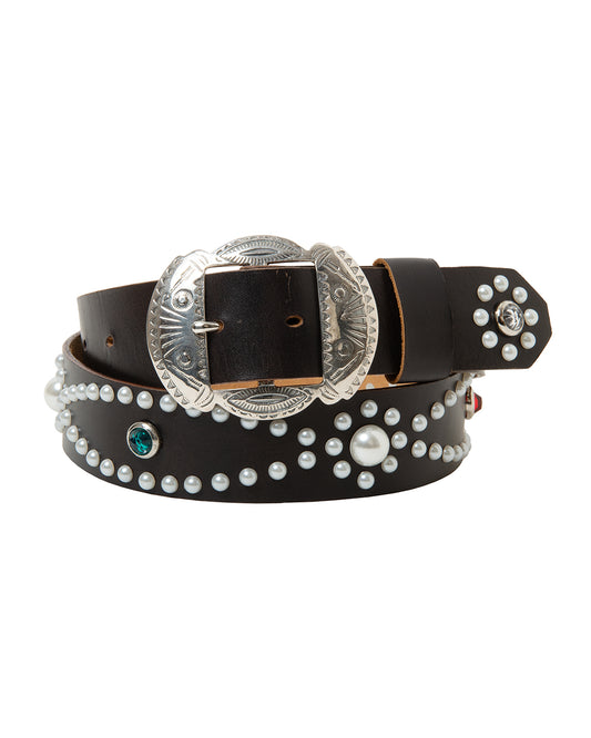 PEARL STUDS LEATHER BELT -35mm-